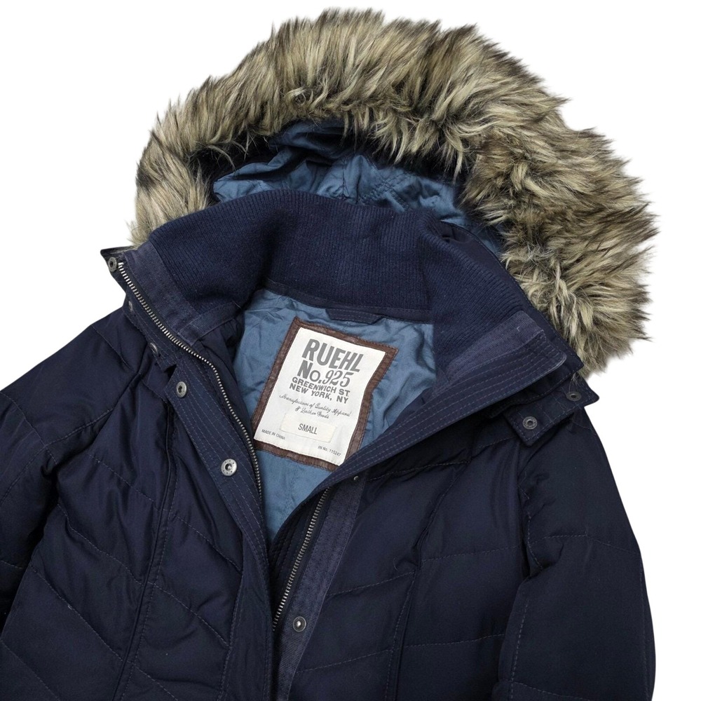 VTG Y2K Ruehl No.925 Women's Puffer Coat Faux Fur Hooded Jacket Small Navy‎ Blue